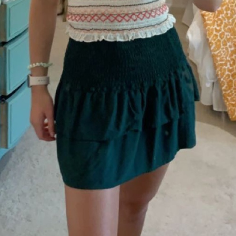 Dark green smocked ruffle skirt